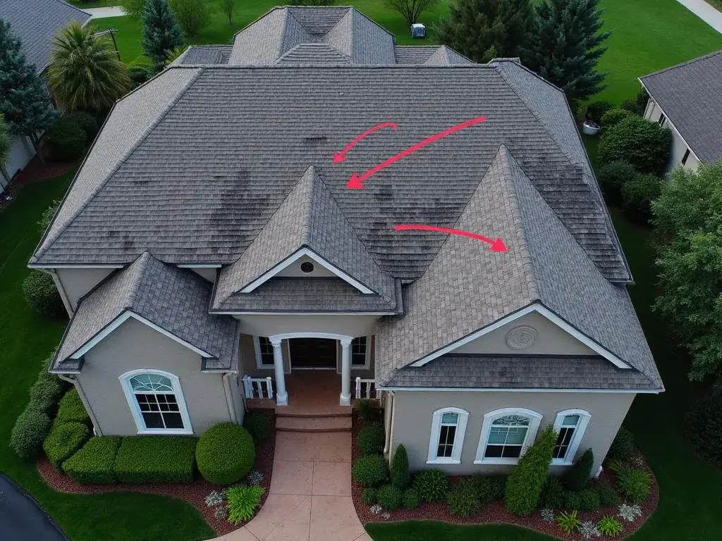 Storm-damaged roof before Flying Cow Roofing replacement